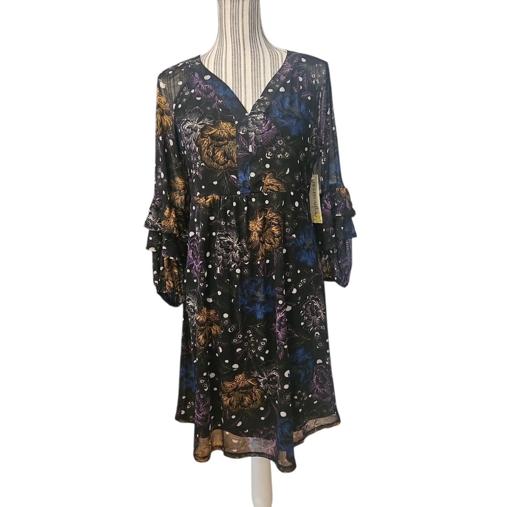 Antropogie FIGUERO&flower TulleBlack Mesh BotanicFloral Ruffle LongSleeve DressS